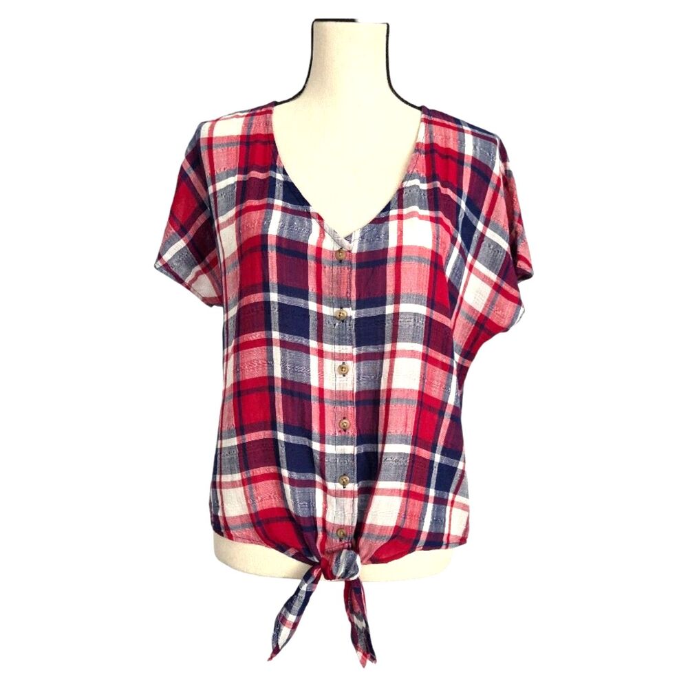 Natural Reflections Plaid Red White Blue Tie Front Button-up Short Sleeve Top M